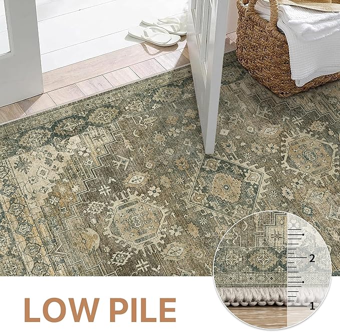 GENIMO Machine Washable 8x10 Area Rugs for Living Room, Non Slip Vintage Rugs, Low Pile Lightweight Chenille Print Rug for Bedroom, Dining Room, Home Office,Green Khaki
