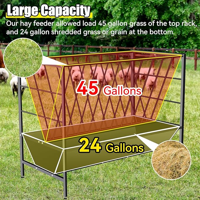 Pasture Hay Feeder 69 Gallon, Livestock 2 in 1 Hay and Grain Feeder, Heavy-Duty Galvanized Metal Goat Feeder with 2 Trays, Pasture Feeder for Goat, Sheep, Foal, Sheep