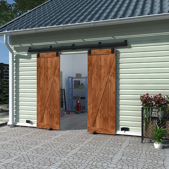 8FT Black Box Rail Exterior Barn Door Hardware Track Kit for 2 Doors, Heavy Duty Barn Door Track Set, Wall Mount Outdoor Weatherproof Double Door Hardware with 5 Track Brackets(No Doors