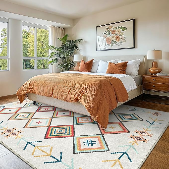 GENIMO Machine Washable 3x5 Area Rugs for Living Room, Non Slip Vintage Rugs, Low Pile Lightweight Chenille Print Rug for Bedroom, Dining Room, Home Office, Rainbow