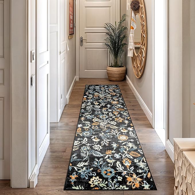 Rugshop Vine Floral Modern for Living Room, Bedroom, or Entryway Black Multi Area Rug 2' 3" x 8' Runner Black