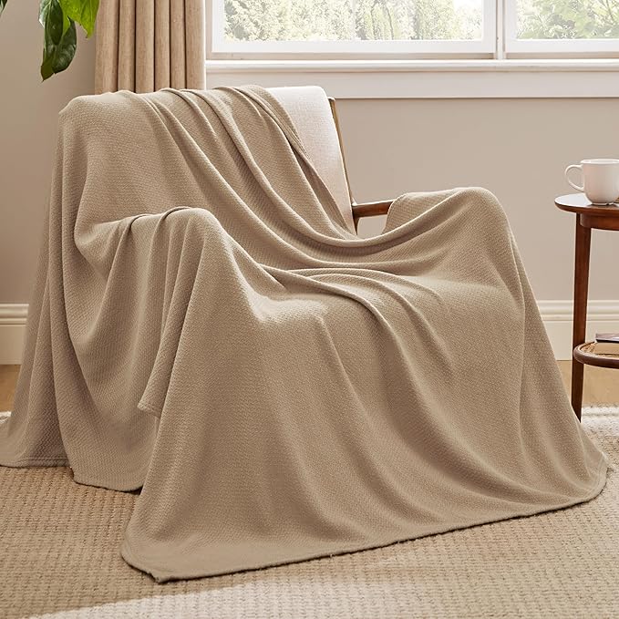 Bedsure GentleSoft 100% Cotton Large Throw Blanket for Couch 50x70 inches - Breathable and Lightweight, Soft Cozy Herringbone Woven Cotton Throw for Summer, Taupe Office Chair Blanket