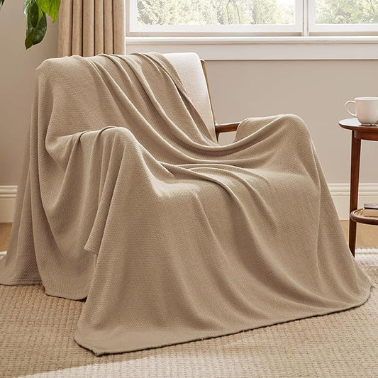 Bedsure GentleSoft 100% Cotton Large Throw Blanket for Couch 50x70 inches - Breathable and Lightweight, Soft Cozy Herringbone Woven Cotton Throw for Summer, Taupe Office Chair Blanket