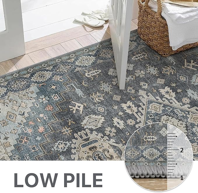 GENIMO Machine Washable 5x7 Area Rugs for Living Room, Non Slip Vintage Rugs, Low Pile Lightweight Chenille Print Rug for Bedroom, Dining Room, Home Office, Slate Gray Blue