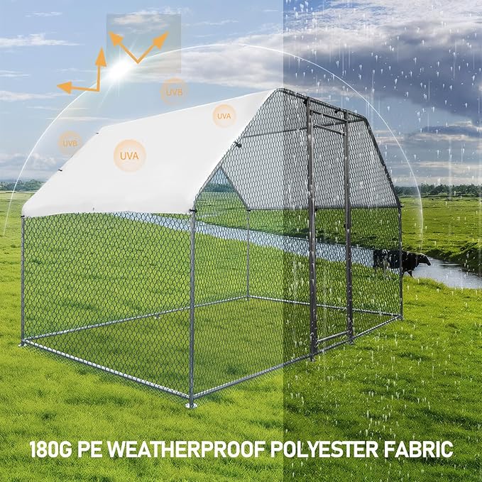 VINGLI Chicken Coop, Large Metal Poultry Cage for Chicken Run, Walk-in Chicken Pen with Waterproof & Anti-UV Cover Outdoor (Silver-Flat Roof, 6.5 * 9.8 * 6.5 ft)