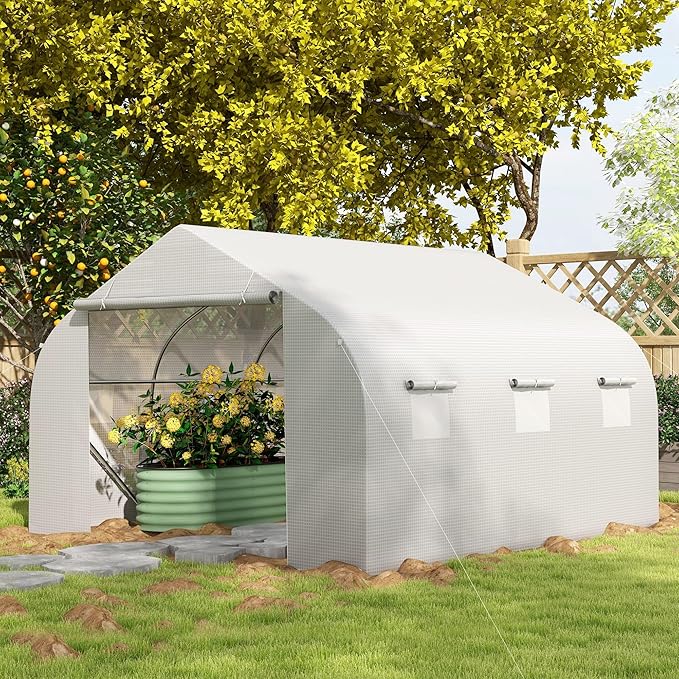 Outsunny 11.5' x 10' x 6.5' Outdoor Walk-in Greenhouse, Tunnel Green House with Roll-up Windows, Zippered Door, PE Cover, Heavy Duty Steel Frame, White