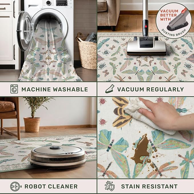 Green and Blue Insect 6ft Round Soft Rugs for Bedroom Beside Bed - Non Skid Rug Low Pile Washable Living Room Rugs, Forest Butterfly Design Stain Resistant Home Décor