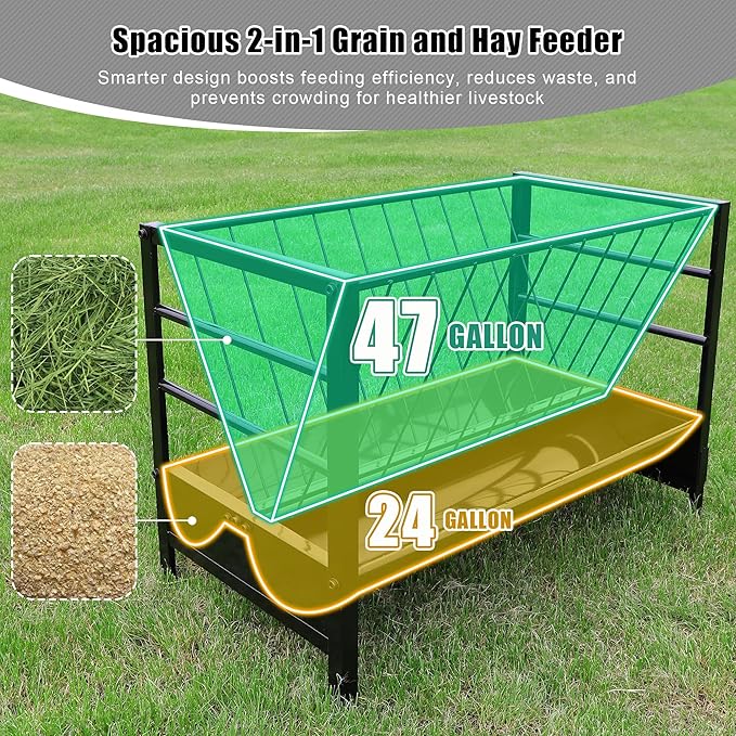 Large Pasture Hay Feeder 71Gallon, 2 in 1 Goat Hay and Grain Feeder for Goat Sheep Horse, Galvanized Steel Livestock Feeders with Top Rack & Feeding Trough, Easy to Install for Farms Shed Outdoor