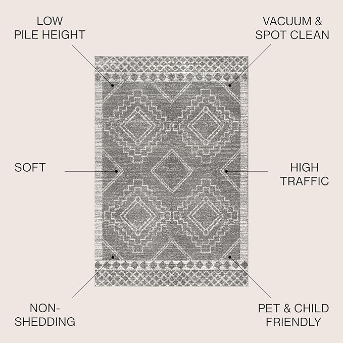 JONATHAN Y Amir Moroccan Beni Souk Gray/Cream 4' Round Indoor Area Rug, Bohemian, Scandinavian, Easy-Cleaning for Living Room, Bedroom, Kitchen, Pet Friendly, Non-Shedding (MOH200C-4R)