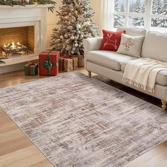 Area Rug for Living Room: 4x6 Washable Neutral Abstract Modern Soft Rugs Non Slip Indoor Floor Stain Resistant Carpet for Bedroom Dining Room Office Nursery - Red Brown