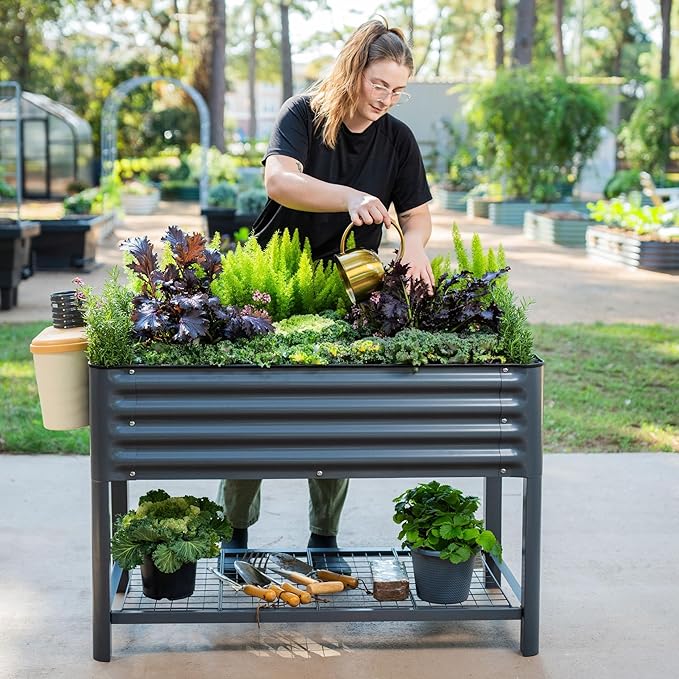 Elevated Raised Garden Bed-V Series, 2' x 4' Garden Beds with Legs & Storage Rack for Patio Porch, 700 Lbs Weight Capacity, Outdoor Planter Boxes for Gardening Herbs Vegetables Flowers, Pearl White