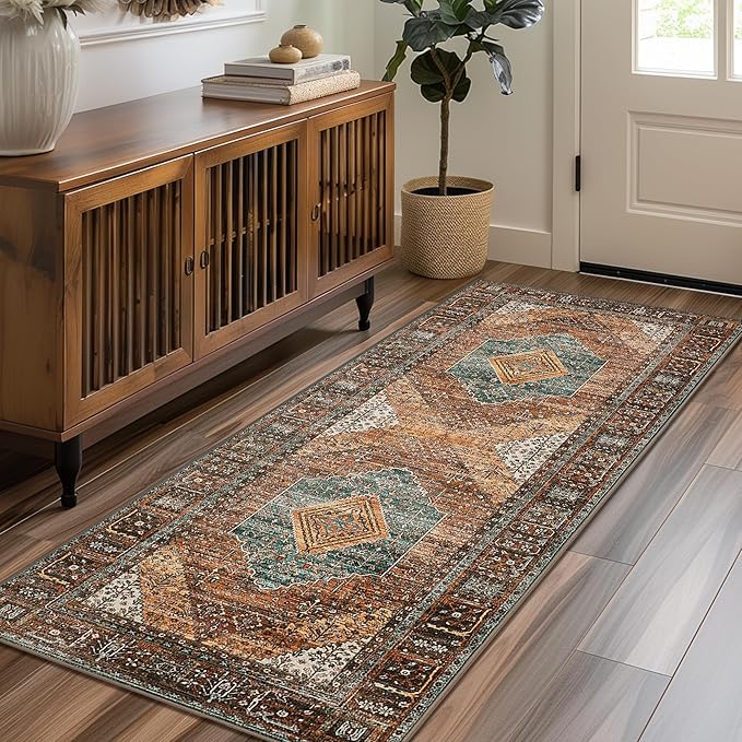 GENIMO 2x6 Runner Rugs for Hallway, Machine Washable Non Slip Vintage Rugs, Low Pile Lightweight Soft Print Rug for enrtyway, Corridor, Home Office, Kitchen, Vintage Brown/Blue
