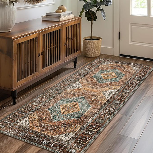 GENIMO 2x7 Runner Rugs for Hallway, Machine Washable Non Slip Vintage Rugs, Low Pile Lightweight Soft Print Rug for enrtyway, Corridor, Home Office, Kitchen, Vintage Brown/Blue