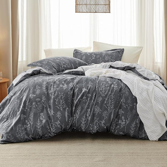 Bedsure California King Comforter Set - Dark Grey Bed Set, 3 Pieces Cute Floral Bedding, 1 Soft Reversible Botanical Flowers Comforter and 2 Pillow Shams