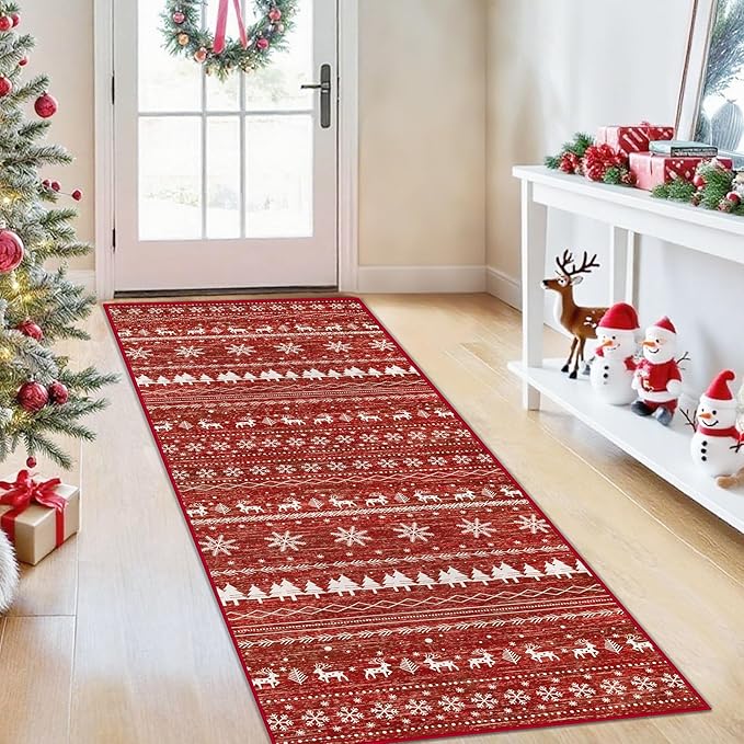Christmas Kitchen Runner Rugs 2x6 : Washable Moroccan Geometric Rug Boho Non Slip Stain Resistant Rugs Low Pile Soft Carpet for Xmas Holiday Hallway Laundry Room Living Room Bedroom (Xmas Red,2'x6')