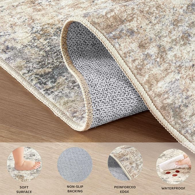 8ft Round Area Rug Living Room Rugs - 8x8 Washable Neutral Modern Abstract Soft Thin Rug Indoor Floor No Slip Rug Carpet for Bedroom Under Dining Table Home Office Decor - Golden Grey