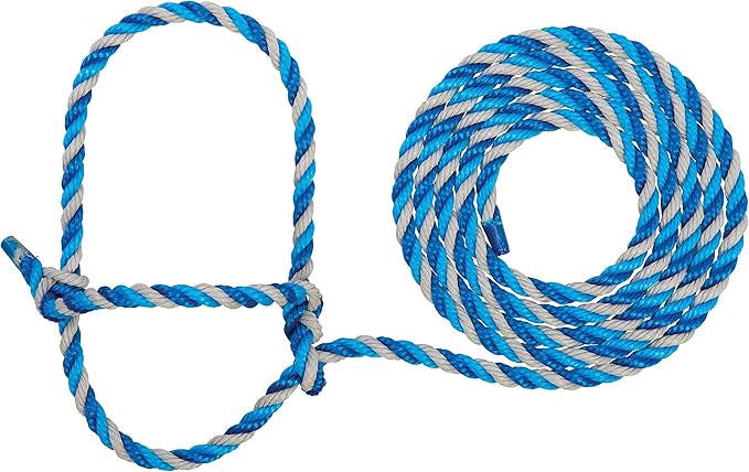 Weaver Livestock Braided Poly Rope Cattle Halter, Adjustable Cow Calf Halter, Livestock Handling Equipment for Showing, Dark Blue/Hurricane Blue/Gray
