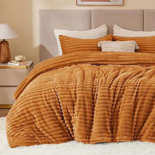BEDELITE Fleece Twin Comforter Set -Super Soft & Warm Fluffy Rust Orange Bedding, Luxury Fuzzy Heavy Bed Set for Winter with 1 Pillow case