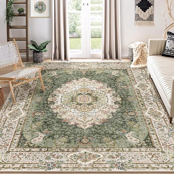 8x10 Area Rugs Washable,Green Rug for Living Room Bedroom Dining Room,Large Boho Vintage Bohemian Distressed Carpet Non Slip,Floral