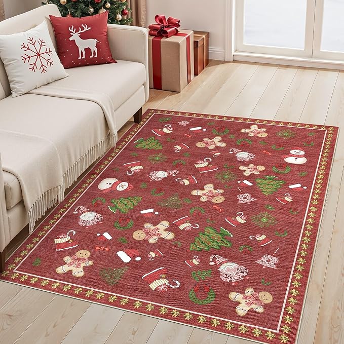 Washable Christmas Area Rug: 3x5 Neutral Modern Festive Carpet - Non-Slip Soft Thin Low Pile Throw Indoor Rugs for Bedroom Kitchen Entrance Living Room - Red