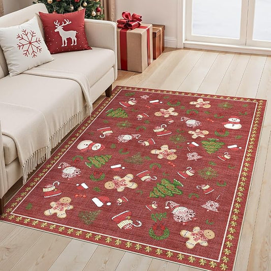 Washable Christmas Area Rug: 3x5 Neutral Modern Festive Carpet - Non-Slip Soft Thin Low Pile Throw Indoor Rugs for Bedroom Kitchen Entrance Living Room - Red