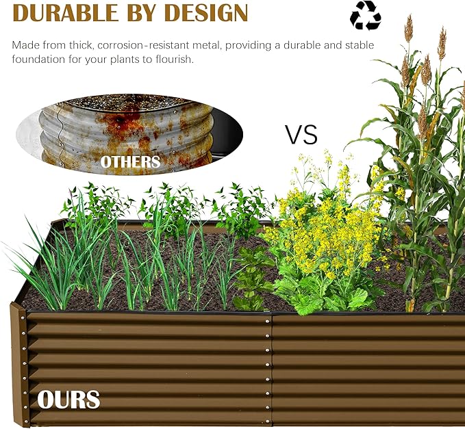 Domi 8x4x2ft Metal Raised Garden Beds Outdoor, Thickened Galvanized Steel Deep Root Planter Box with Stabilizing Bars & Rubber Edging for Vegetables, Flowers, Herbs - Brown