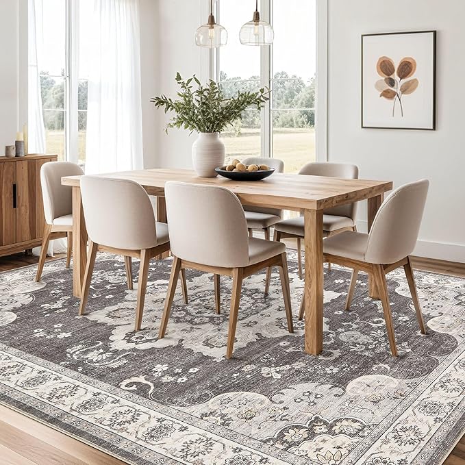 Area Rug for Living Room - 8x10 Soft Washable Oriental Vintage Floral Distressed Large Carpet - Fade Stain Resistant Non Slip Rugs for Bedroom Dining Room Nursery Dorm Office Home Decor - Brown/Grey