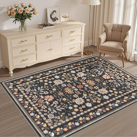 4x6 Area Rug Living Room Rugs - Washable Boho Vintage Floral Large Soft Non Slip Thin Rug Low Pile Carpet for Bedroom Dining Room Kids Playroom Office Decor Indoor- Black Grey