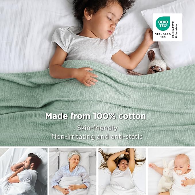 Bedsure GentleSoft 100% Cotton Large Throw Blanket for Couch 50x70 inches - Breathable and Lightweight, Soft Cozy Herringbone Woven Cotton Throw for Summer, Sage Green Office Chair Blanket