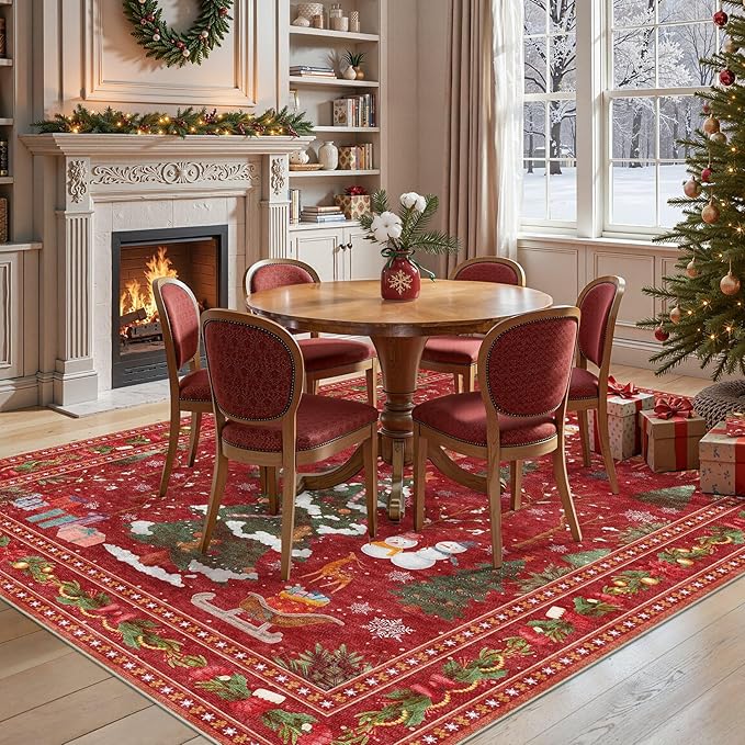 Christmas Area Rug Living Room Rugs: 8x10 Neutral Modern Washable Festive Soft Thin Non-Slip Indoor Carpet for Bedroom Dining Table and Home Office Holiday Decor - Red