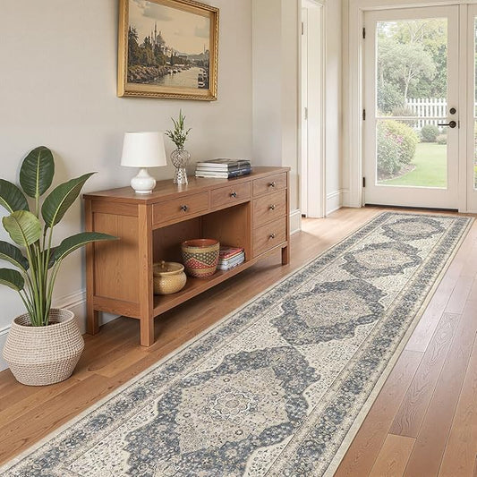 Washable 3x14 Hallway Runner Rug - Vintage Floral Stain & Fade Resistant Non-Slip Backing Ultra-Thin Long Carpet for Entryway, Bedroom, Kitchen, Corridor Decor(Blue/Beige)