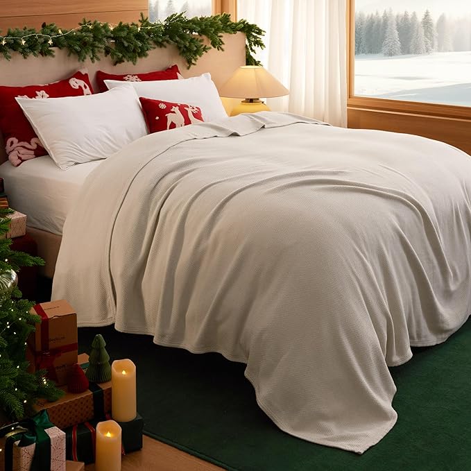 Bedsure GentleSoft 100% Cotton Blanket Queen Size for Bed - Breathable and Lightweight, Soft Cozy Textured Herringbone Woven Blanket, Linen Beige, 90x90 inches