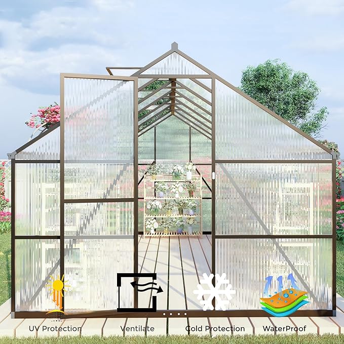 8x8 FT Greenhouse for Outdoors, Polycarbonate Greenhouse with Quick Setup Structure and Roof Vent, Aluminum Large Walk-in Green House for Outside Garden Backyard, Dark Gray