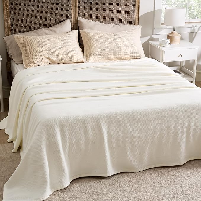 Bedsure GentleSoft 100% Cotton Large Blanket Oversized King for Bed 120x94 inches - Breathable Soft Cozy Herringbone Woven Blanket for Summer, Couch Cover, Cream