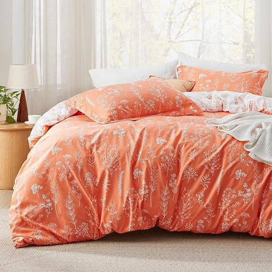 Bedsure Queen Comforter Set - Coral Orange Bed Set, 3 Pieces Cute Floral Bedding, 1 Soft Reversible Botanical Flowers Comforter and 2 Pillow Shams