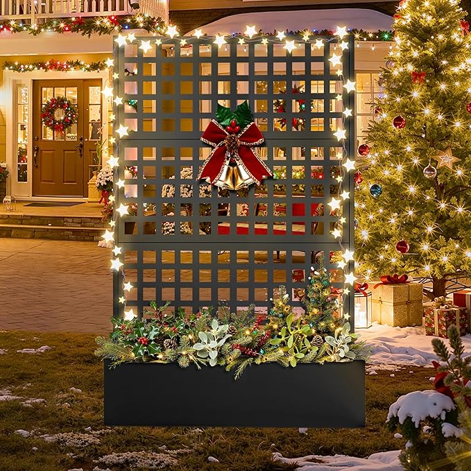 FENCY Metal Raised Garden Bed with Trellis, Metal Planter Box with Trellis, Garden Box for Climbing Plants Vegetable, 47''Lx16''Wx71''H Garden Bed with Drainage Holes(Black)