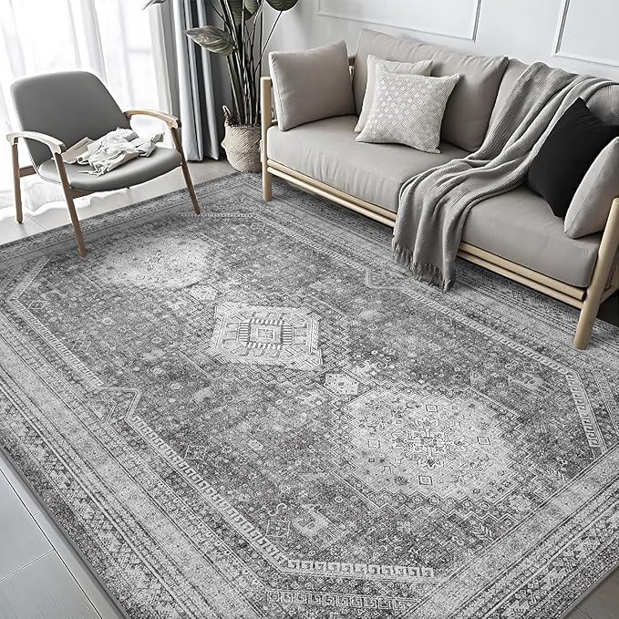 GENIMO 9x12 Area Rugs for Living Room, Machine Washable Non Slip Rugs, Low Pile Lightweight Print Rug for Bedroom, Dining Room, Home Office, Vintage Grey