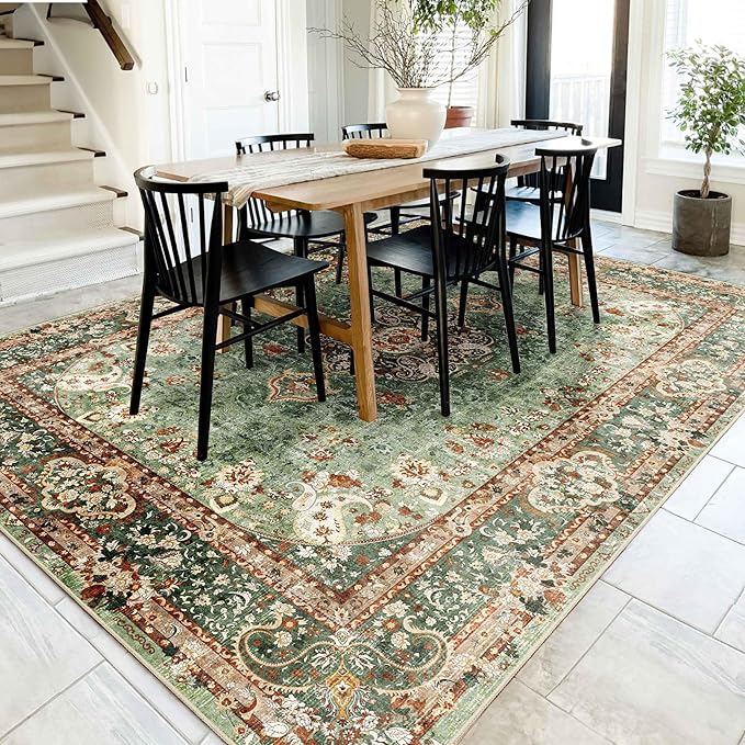 8x10 Area Rugs Washable,Green Rug for Living Room Bedroom Dining Room,Large Boho Vintage Bohemian Distressed Oriental Carpet Non Slip