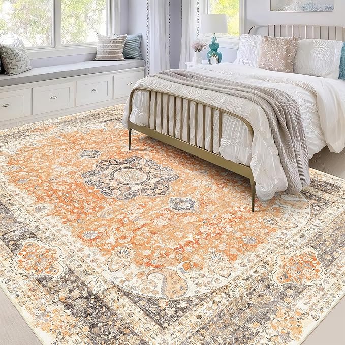 5x7 Area Rugs Washable,Boho Rug for Living Room Bedroom Kitchen,Large Vintage Bohemian Farmhouse Distressed Carpet Non Slip,Retro Orange Grey Floral