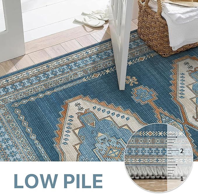 GENIMO Machine Washable 10x14 Area Rugs for Living Room, Non Slip Vintage Rugs, Low Pile Lightweight Chenille Print Rug for Bedroom, Dining Room, Home Office, Navy/Brick
