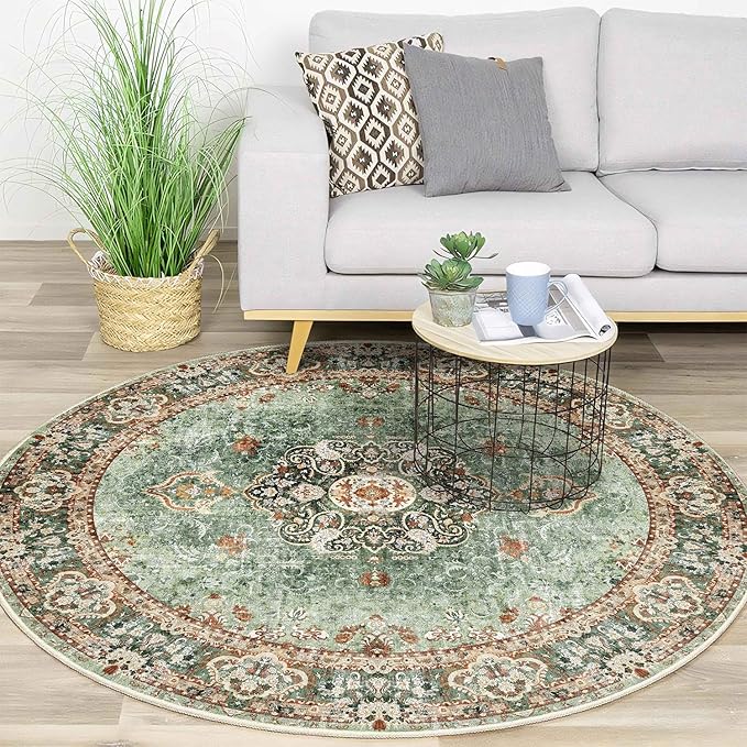 Green Round Rug 5ft, Circle Boho Area Rugs for Bedroom Living Room,Washable Vintage Bohemian Distressed Oriental Floral Carpet Non Slip,Sage