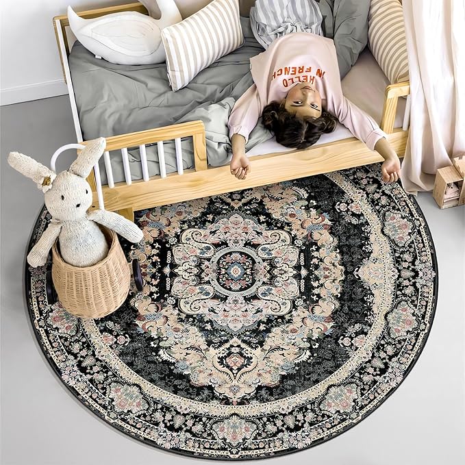 Black Round Rug 4ft,Circle Washable Area Rugs for Bedroom Bathroom Entryway,Boho Vintage Bohemian Distressed Oriental Carpet Non Slip,Floral