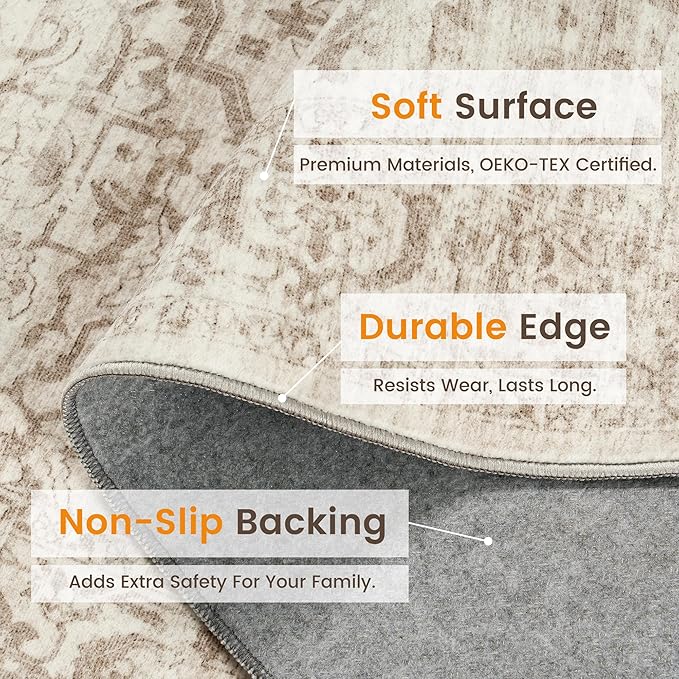 Rugland 8x10 Area Rugs - Stain Resistant Washable Rug, Anti Slip Rugs for Living Room, Vintage Tribal Area Rugs(Distressed Beige, 8'x10')