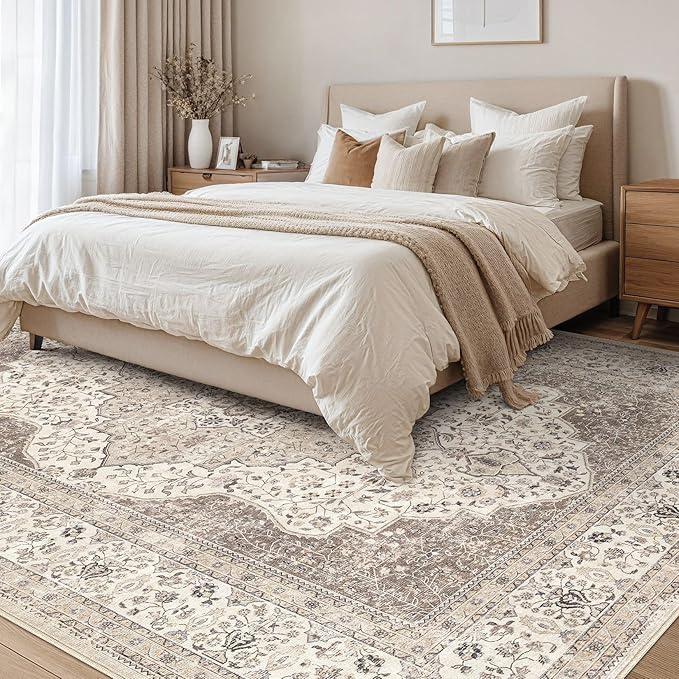 Washable Rug 9x12 Area Rugs for Living Room Bedroom Dining Room Home Office Floor Decor -Stain & Fade Resistant Non Slip Backing Carpet,Ultra-Thin Vintage Large Carpets (Brown/Beige,9'x12')