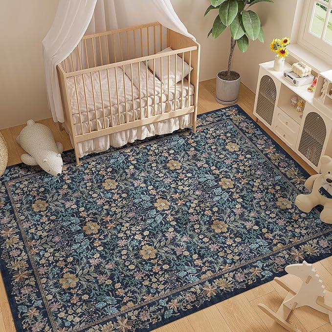 DUKINO 8x10 Area Rugs for Living Room, Vintage Floral Washable Rug with Non Slip Backing, Soft Low Pile & Non-Shedding Large Carpets for Bedroom, Farmhouse, Dining Room, Home Office, Dark Blue