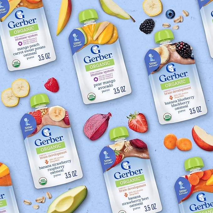 Gerber Stage 2 Baby Food, Organic Mango Peach Carrot Sweet Potato Oatmeal, Baby Puree, 12PK