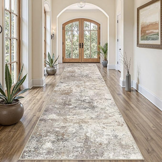 3X12 Washable Runner Rug for Hallway: Soft Neutral Modern Abstract Area Rug - Non-Slip Low Pile Long Throw Indoor Carpet for Kitchen Entryway Kitchen Bedroom Laundry- Brown Grey