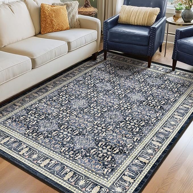 Dark Blue Area Rug 6x9, Boho Floral Moroccan Trellis Printed Transitional Style Rugs for Living Room Bedroom, Washable Non Slip Low Pile Thin Carpet Rug for Dining Room Guest Room Home Office