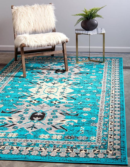 Unique Loom Taftan Collection Border Geometric Tribal Inspired Design Area Rug (6' 0 x 9' 0 Rectangular, Turquoise/ Gray)