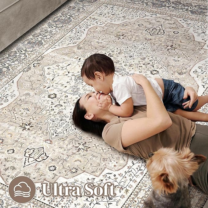 Washable Rug for Living Room - 7x9 Non-Slip Soft Vintage Floral Area Rug for Family Kids & Pet, Stain Resistant Carpet for High Traffic Bedroom Dining Room Teen Dorm Home Decor Aesthetic (Camel)